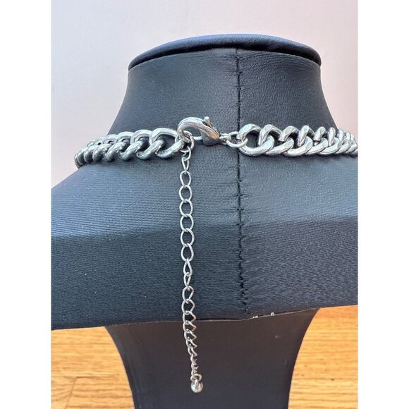 Chunky Silver-Tone Chain Necklace With Blue & Turquoise Geometric Accents - Picture 4 of 4